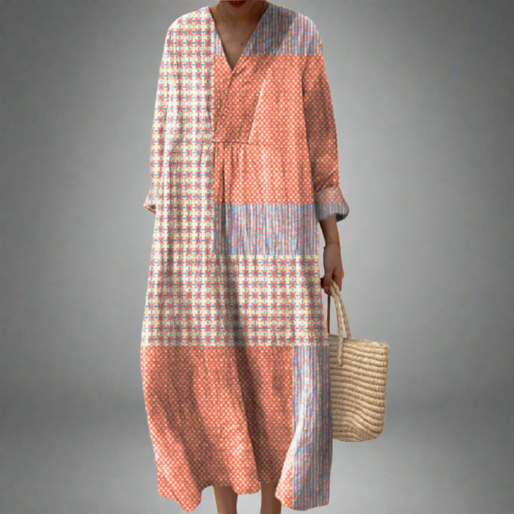 Patchwork Geometric Print V-Neck Long Sleeve Maxi Dress