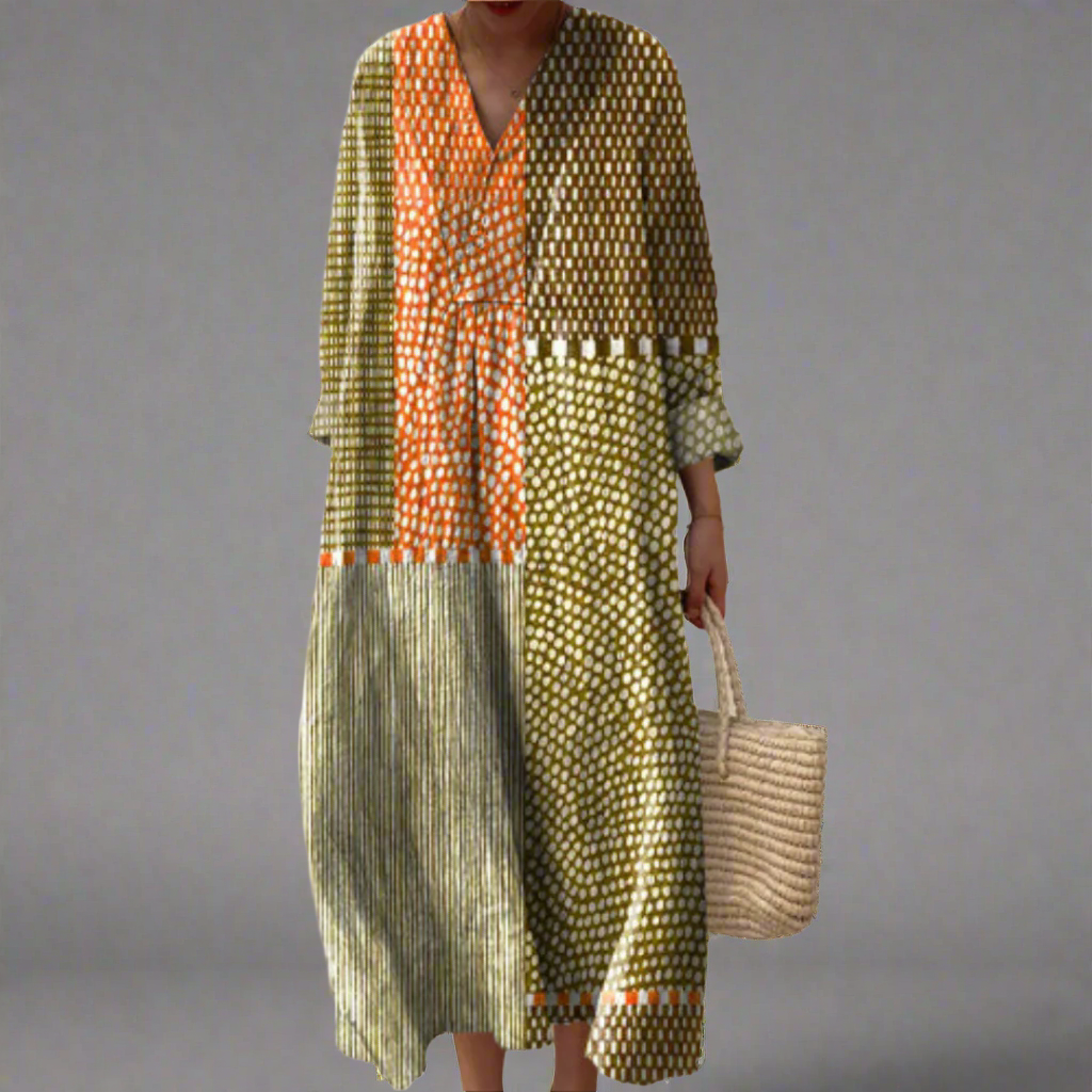 Geometric Patchwork Print V-Neck Long Sleeve Maxi Dress
