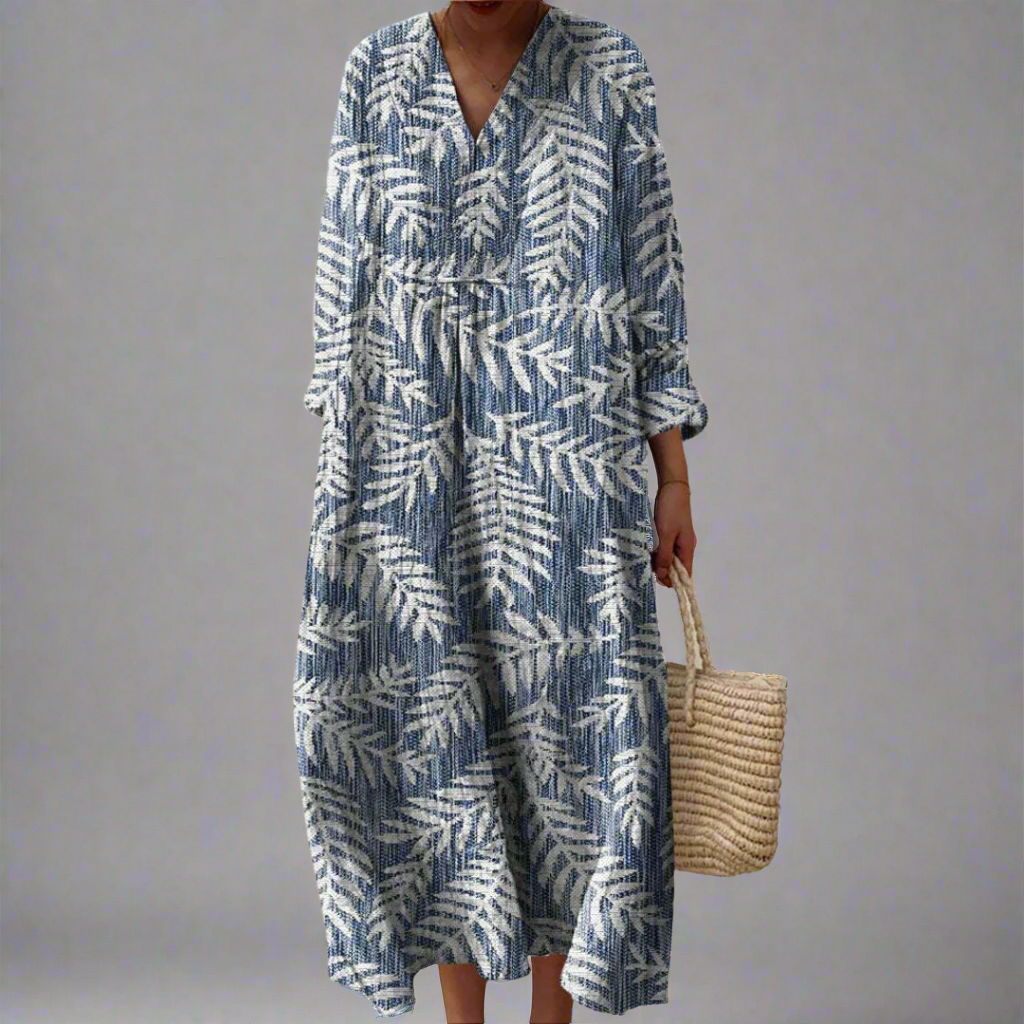 Leaf Print V-Neck Long Sleeve Tiered Maxi Dress