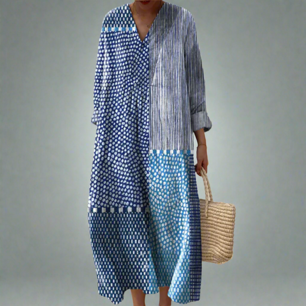 Patchwork Print V-Neck Long Sleeve Maxi Shirt Dress