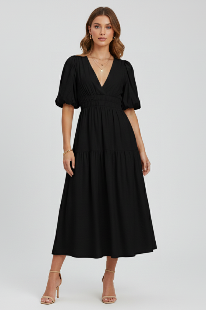 V-Neck Puff Sleeve Smocked Waist Tiered Midi Dress 4