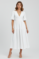 V-Neck Puff Sleeve Smocked Waist Tiered Midi Dress 5