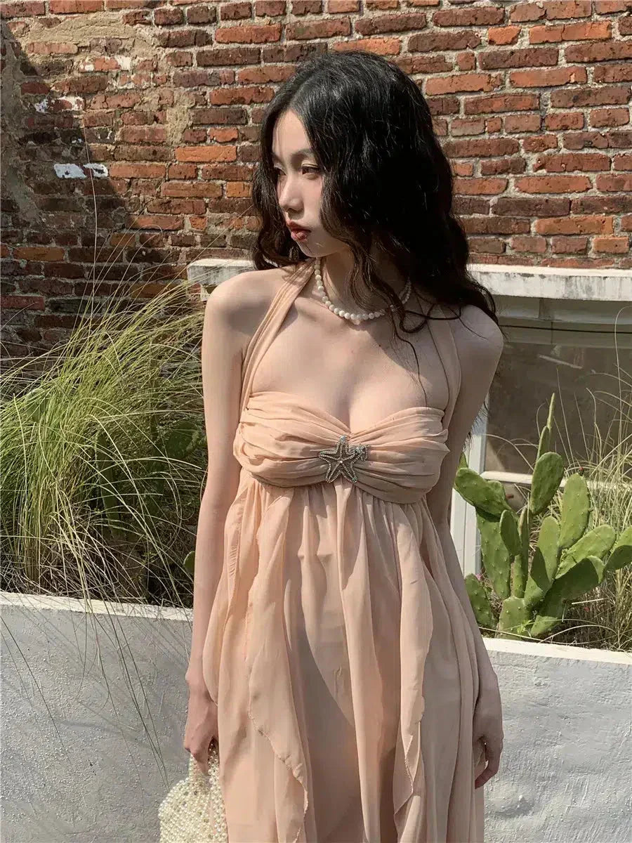 Chiffon Halter Neck Ruched Bust Ruffle Asymmetrical Hem Maxi Dress 3