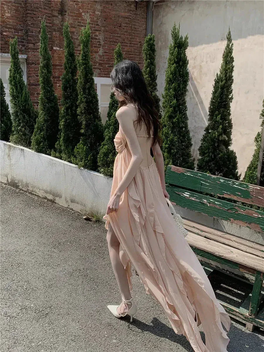 Chiffon Halter Neck Ruched Bust Ruffle Asymmetrical Hem Maxi Dress 4