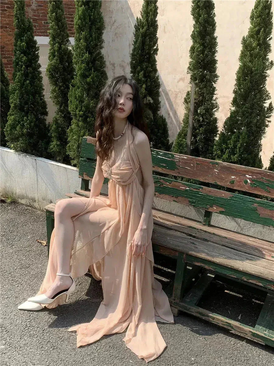 Chiffon Halter Neck Ruched Bust Ruffle Asymmetrical Hem Maxi Dress 5