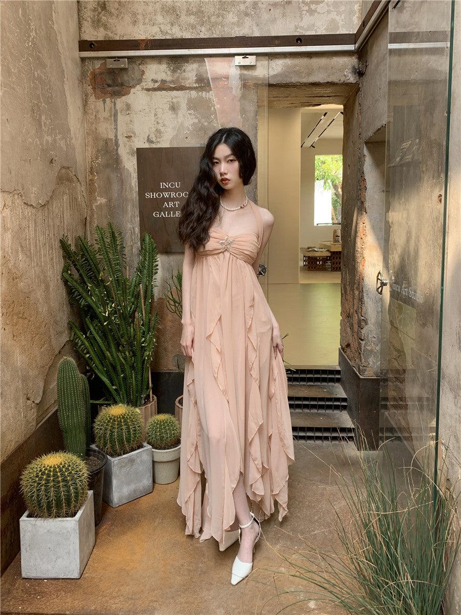 Chiffon Halter Neck Ruched Bust Ruffle Asymmetrical Hem Maxi Dress