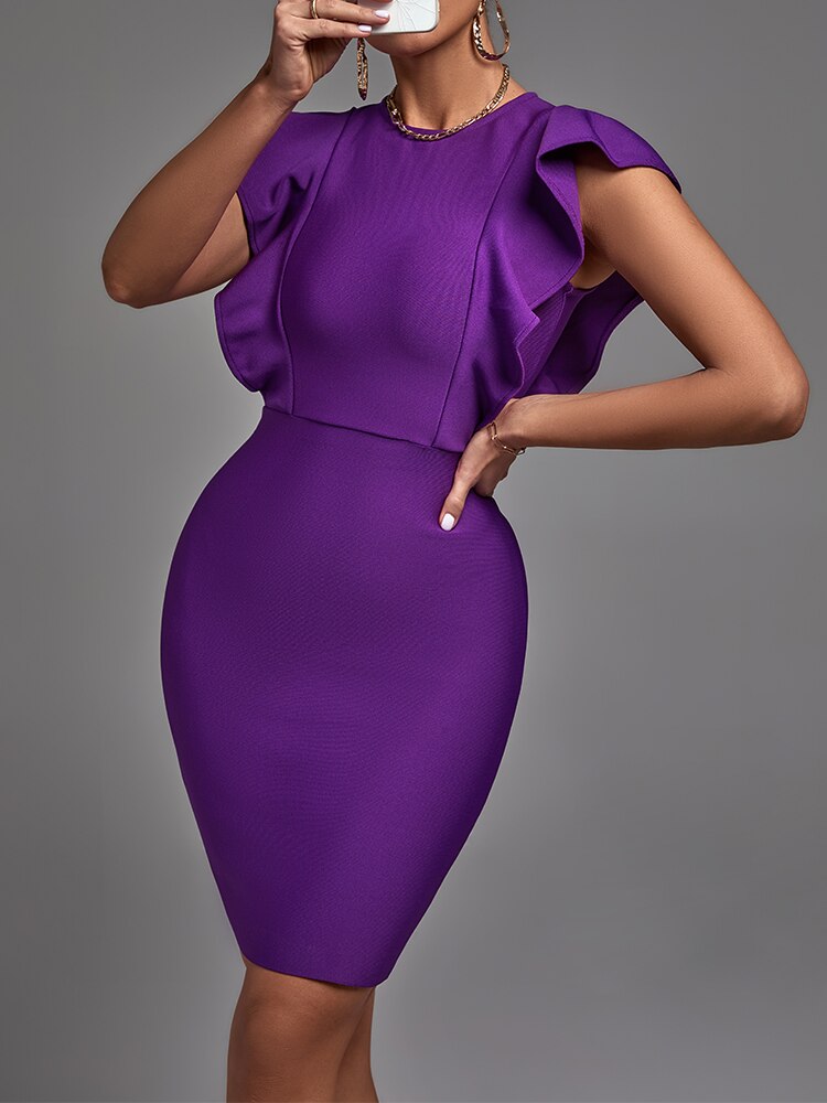 Round Neck Ruffle Sleeve Bandage Bodycon Mini Party Dress 2