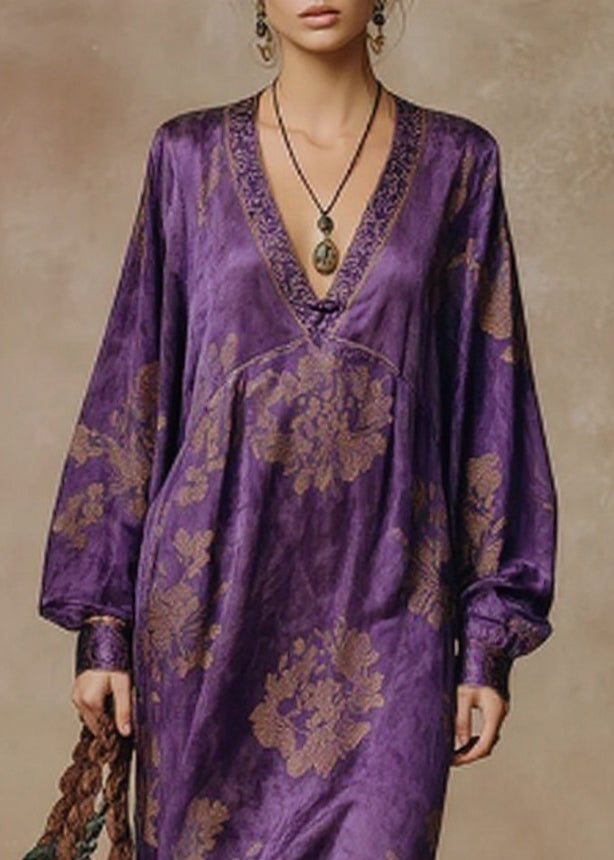 Floral Damask Deep V-Neck Long Sleeve Tassel Fringe Asymmetrical Midi Dress