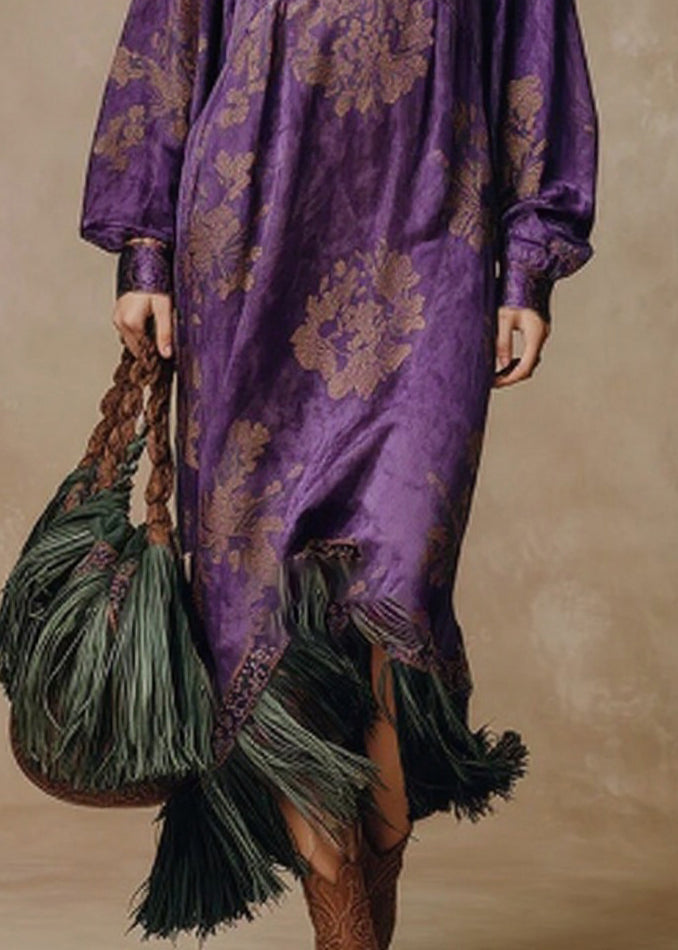 Floral Damask Deep V-Neck Long Sleeve Tassel Fringe Asymmetrical Midi Dress