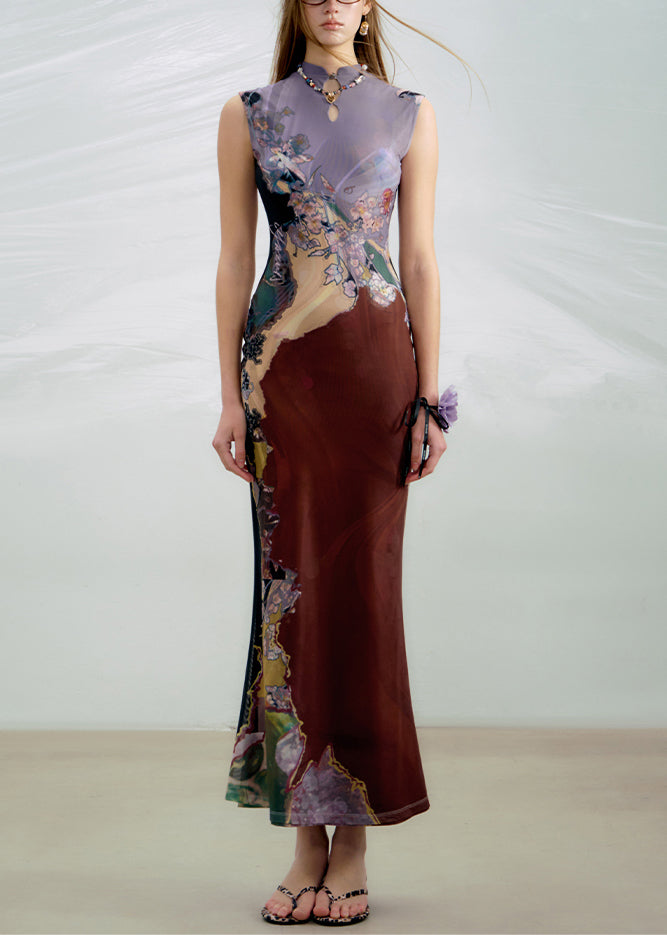 Purple Wear On Both Sides Long Dress Print Sleeveless
