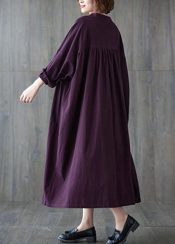 Purple Wrinkled Cotton Casual Dresses Long Sleeve