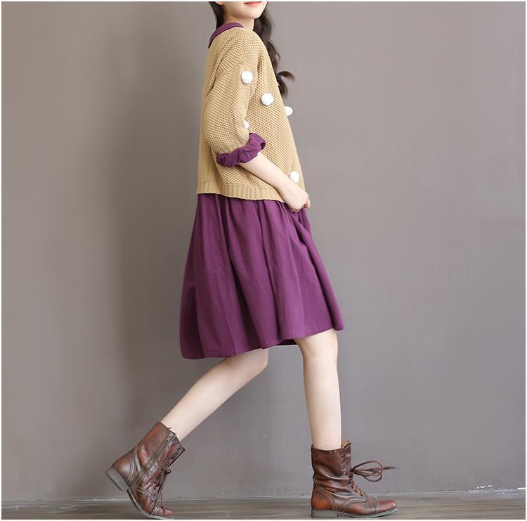Purple retro linen dress half sleeve pleated sundress cotton summer dresses spring bottoming dress