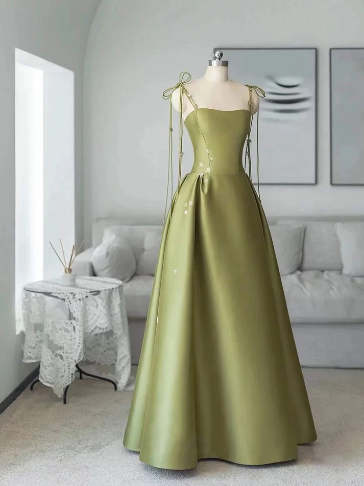 Simple A Line Green Satin Prom Dress Spaghetti Straps Long Party Evening Dress  cc1522