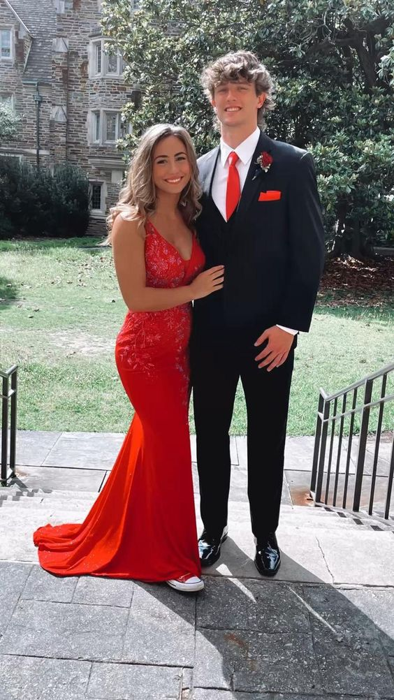 Elegant Red V Neck Mermaid Prom Dress,Red Formal Gown  cc1143