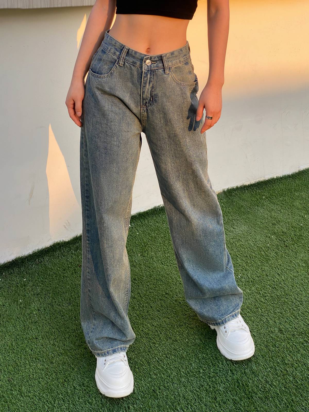 Vintage Wash Baggy Wide Leg Denim Jeans