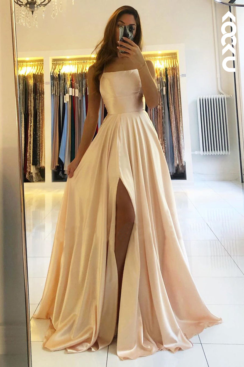 L1248 - Sheath/Column Straps Satin Pleats Sleeveless Prom Evening Formal Dress