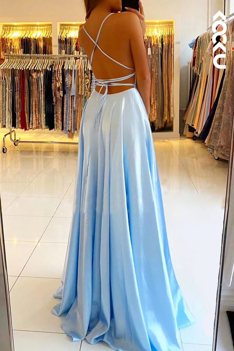 L1248 - Sheath/Column Straps Satin Pleats Sleeveless Prom Evening Formal Dress