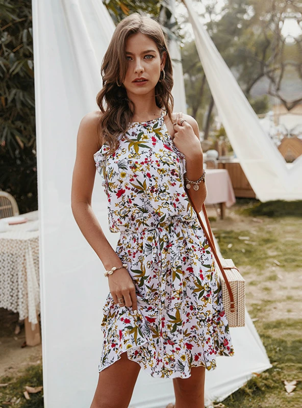 Floral Print Halter Neck Sleeveless Elastic Waist Ruffle Hem Mini Dress