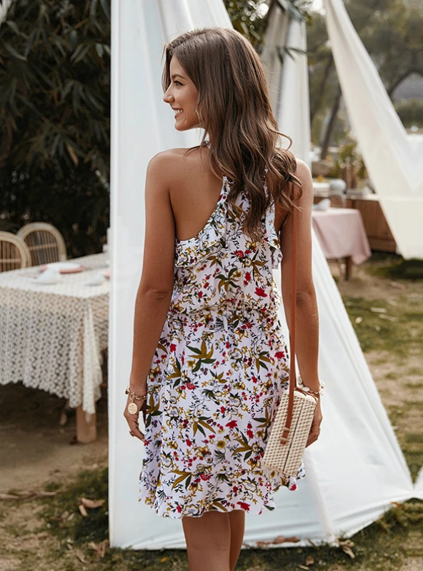 Floral Print Halter Neck Sleeveless Elastic Waist Ruffle Hem Mini Dress 2