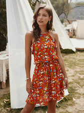 Mini Flowered Sleeveless Ruffles Dress M / Red Dresses