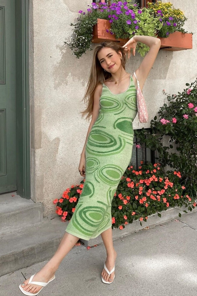 Abstract Swirl Jacquard Knit Scoop Neck Cami Bodycon Midi Dress 6