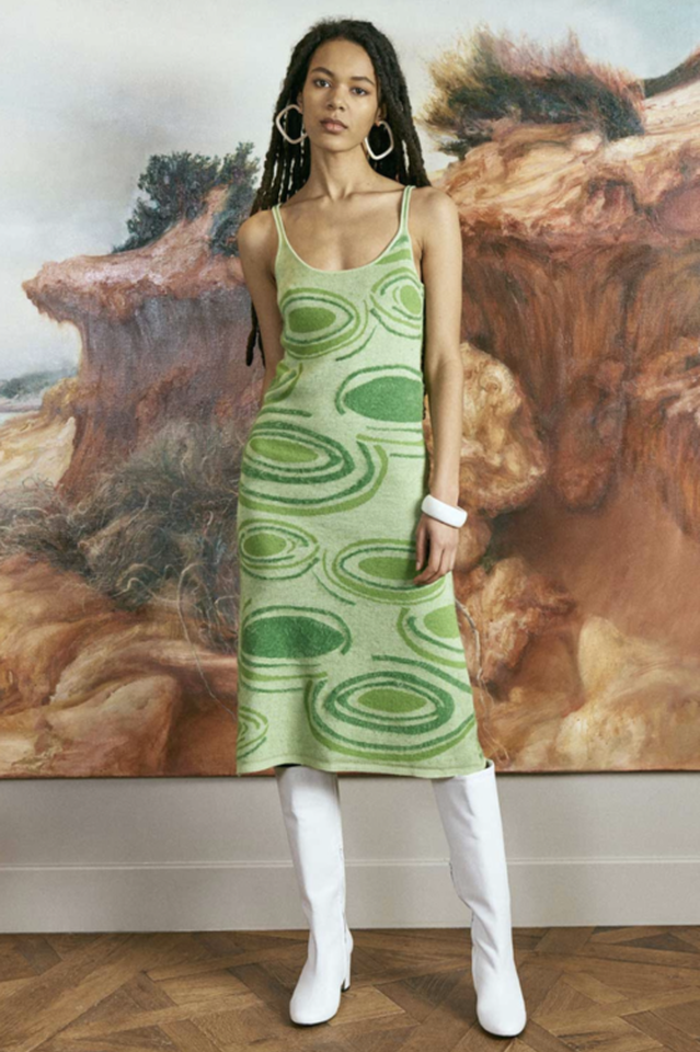 Abstract Swirl Jacquard Knit Scoop Neck Cami Bodycon Midi Dress 3