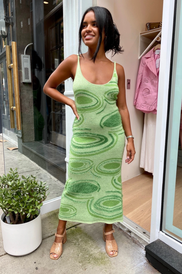 Abstract Swirl Jacquard Knit Scoop Neck Cami Bodycon Midi Dress 15