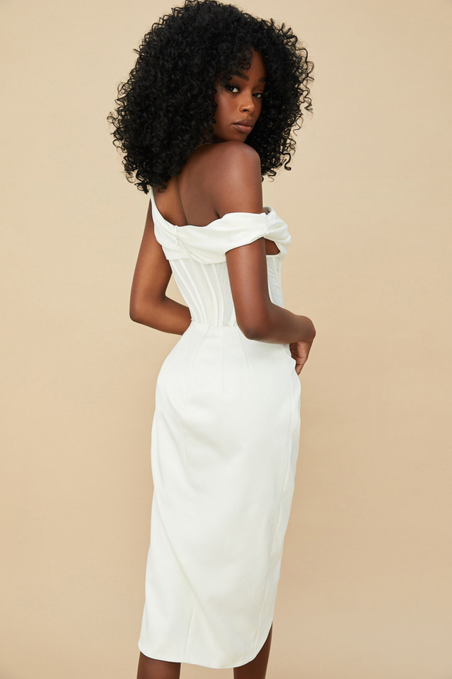 Satin One Shoulder Corset High Split Draped Midi Dress