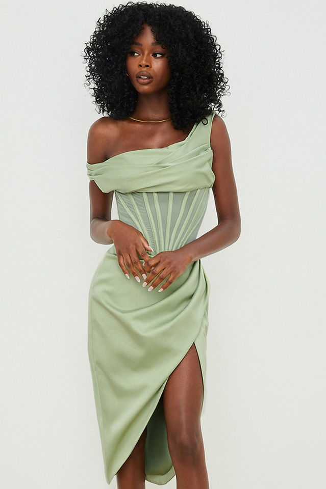 Satin One Shoulder Corset High Split Draped Midi Dress