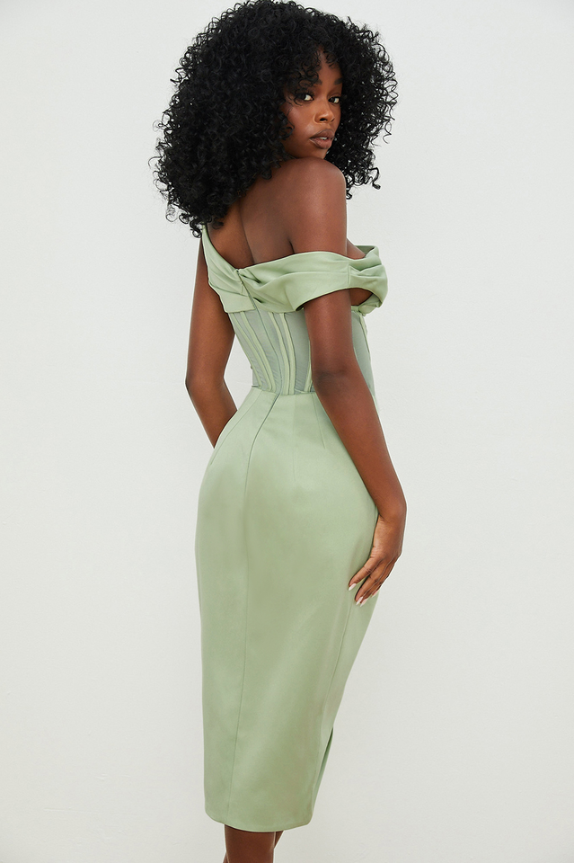 Satin One Shoulder Corset High Split Draped Midi Dress