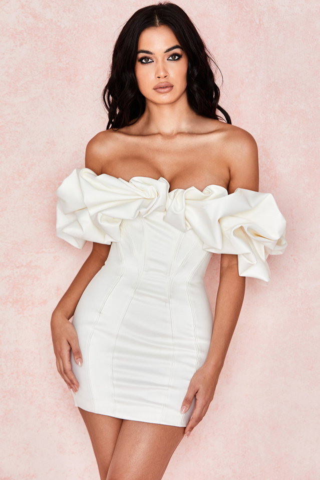 Off Shoulder Ruffle Trim Satin Corset Bodycon Mini Dress 3