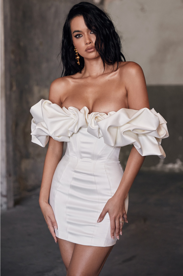 Satin Off Shoulder Ruffle Trim Corset Seam Bodycon Mini Dress