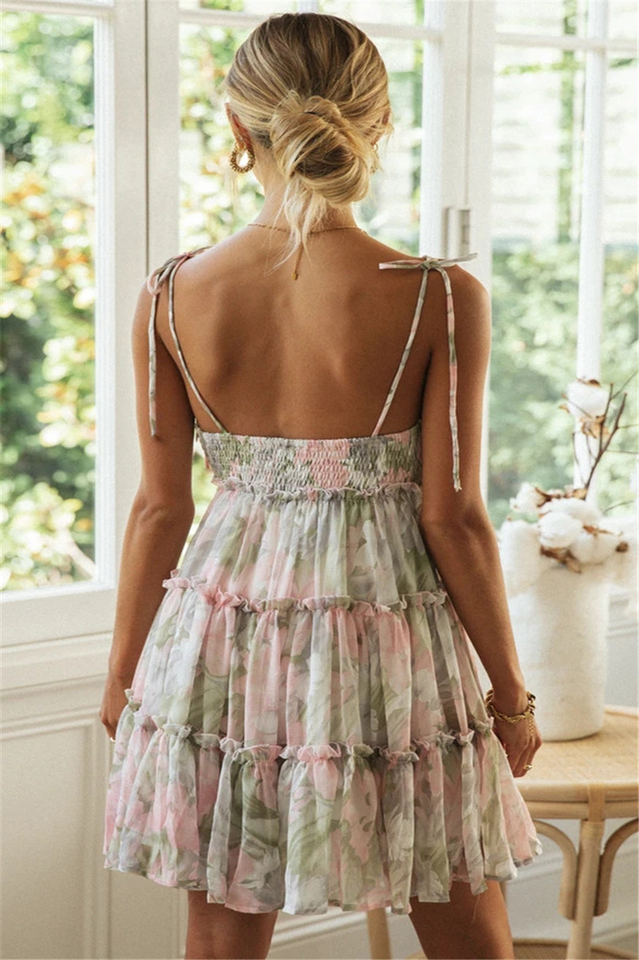 Floral Chiffon Spaghetti Strap Tiered Ruffle Mini Dress 10