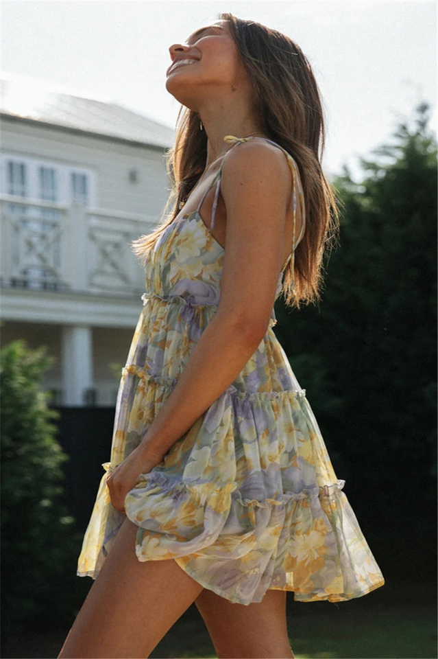 Floral Chiffon Spaghetti Strap Tiered Ruffle Mini Dress 16