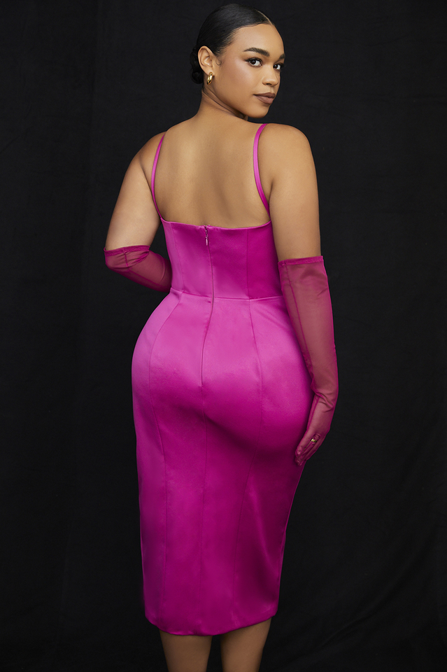Satin Spaghetti Strap Corset High Split Midi Dress