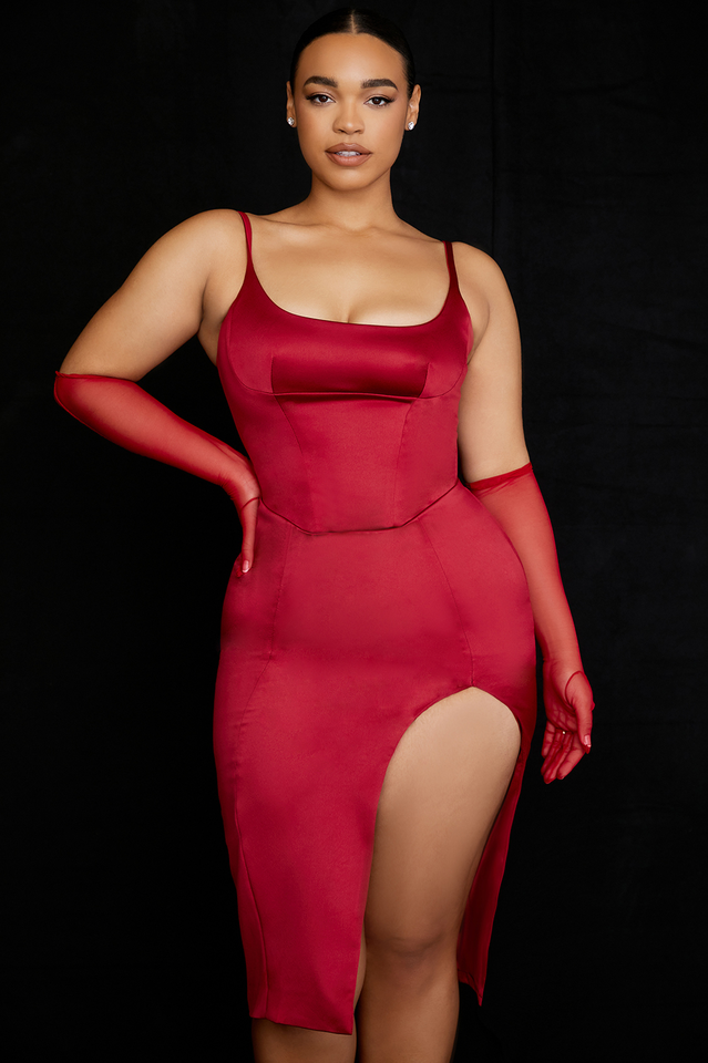 Satin Spaghetti Strap Corset High Split Midi Dress