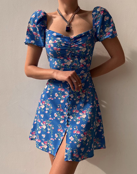 Floral Print Sweetheart Neck Puff Sleeve Button Front Split Mini Dress