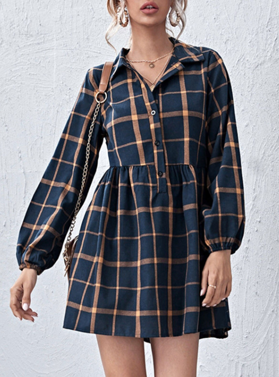 Plaid Collared Button Front Lantern Sleeve Babydoll Mini Shirt Dress