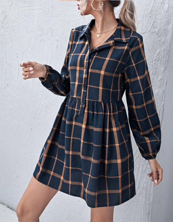 Navy V Neck Plaid Prints Buttons Sweet Dress