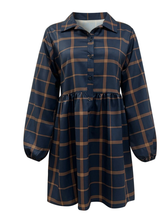 Navy V Neck Plaid Prints Buttons Casual Sweet Dress for Women