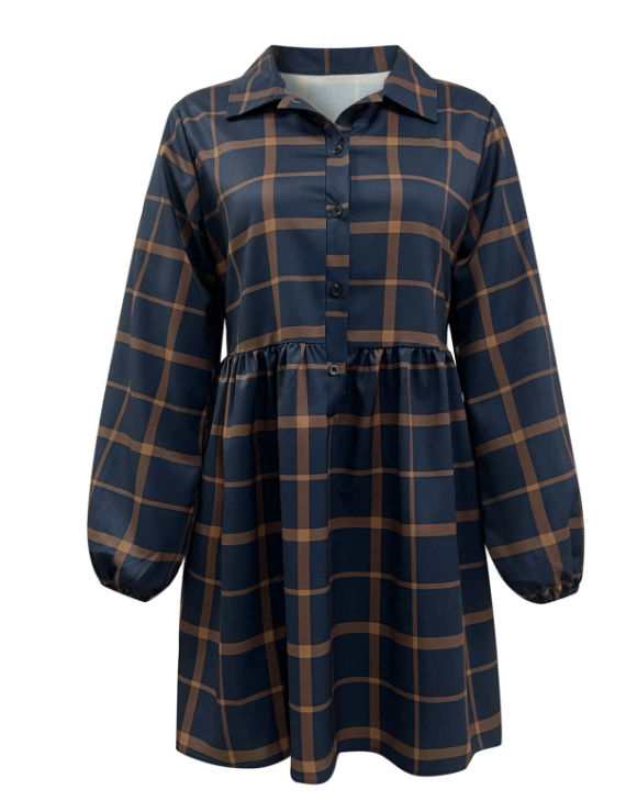 Plaid Collared Button Front Lantern Sleeve Babydoll Mini Shirt Dress 5