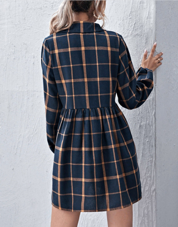 Navy V Neck Plaid Prints Buttons Sweet Dress