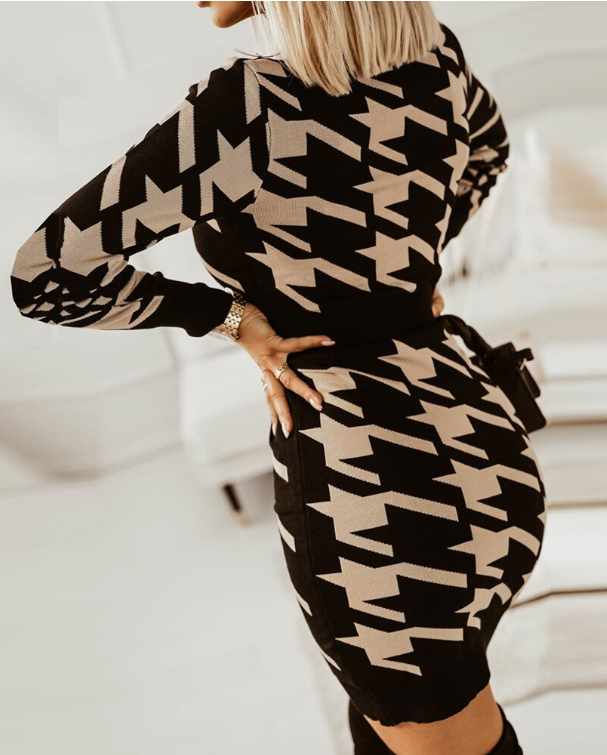 Elegant V Neck Print High Waist Long Sleeve Mini Dress For Women S / Khaki Dresses