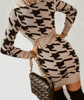 Elegant V Neck Print High Waist Long Sleeve Mini Dress For Women S / Blue Dresses
