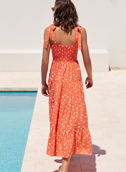 Polka Dot Tie Strap Smocked Bodice Tiered Midi Dress 2