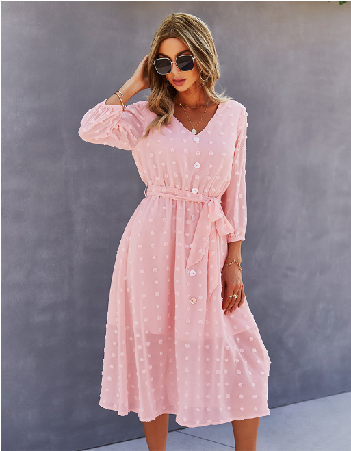 Swiss Dot V-Neck Button Front Belted Three Quarter Sleeve Midi Dress