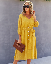 Elegant Half Sleeve Women’s Casual V-Neck Midi Dress With Buttons S / Coffee Dresses