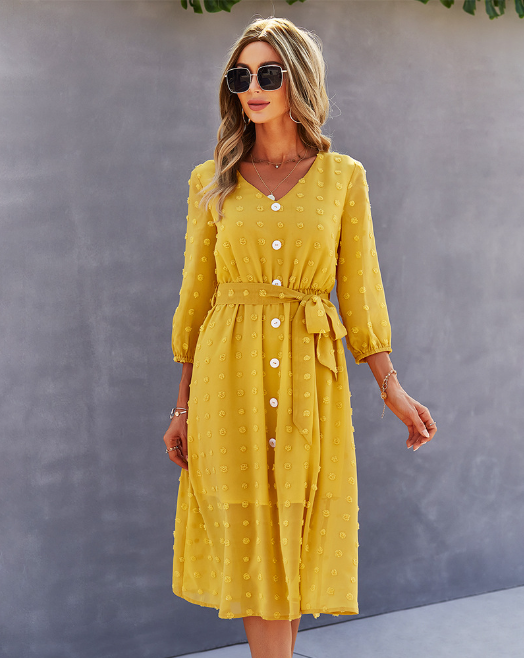 Swiss Dot V-Neck Button Front Belted Three Quarter Sleeve Midi Dress 6