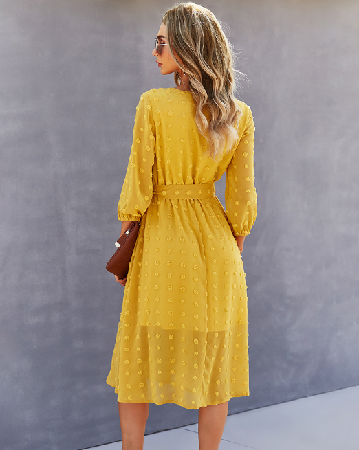 Elegant Half Sleeve Women’s Casual V-Neck Midi Dress With Buttons M / Blue Dresses