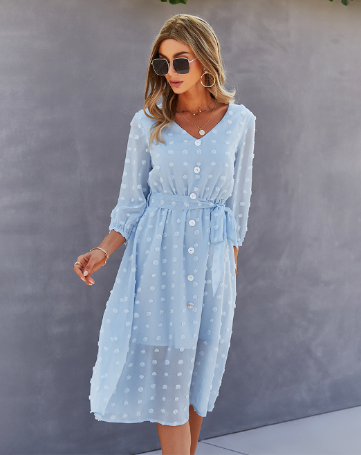 Swiss Dot V-Neck Button Front Belted Three Quarter Sleeve Midi Dress 8